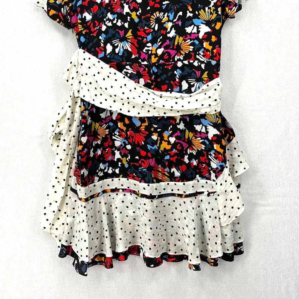 TANYA TAYLOR Bianka Combo Silk Wrap Dress Womens 8 Floral Polka Dot Ruffle Wrap - Picture 9 of 16